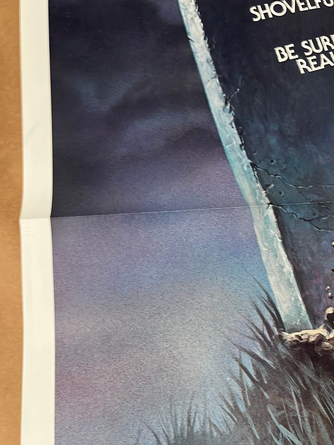 Dark blue mortuary 1983 original us one sheet movie poster with cracked concrete and silhouetted grass for horror movie posters