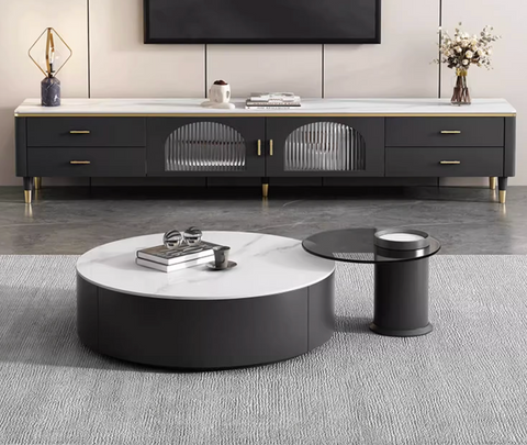 Black and white marble-top round nesting coffee table with gold-tone legs from the mosaic set with ottoman