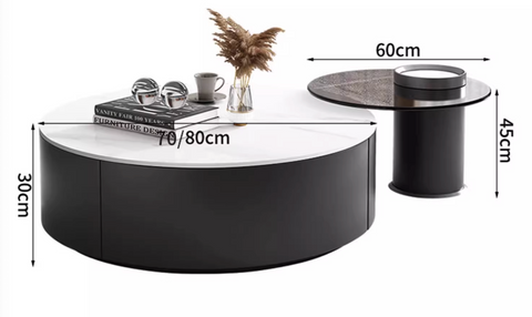 Modern black and white round nesting coffee table with a sleek minimalist design perfect for any living room setup