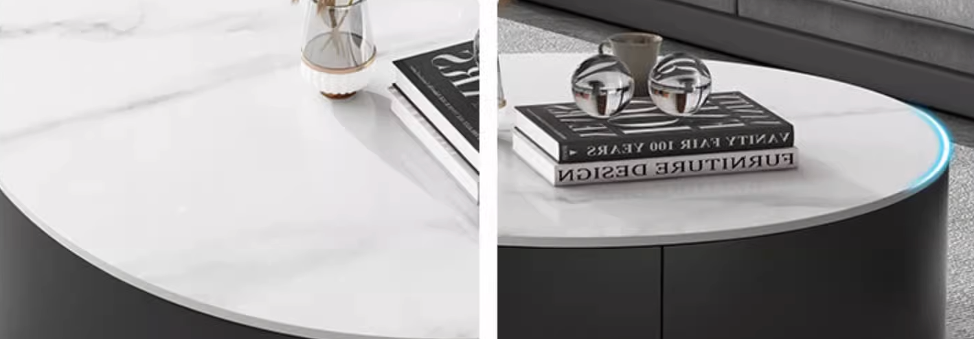 Modern round nesting coffee table with white marble top, sleek black base, and illuminated blue edge in mosaic set