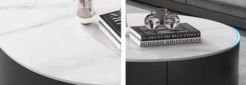 Modern round nesting coffee table with white marble top, sleek black base, and illuminated blue edge in mosaic set