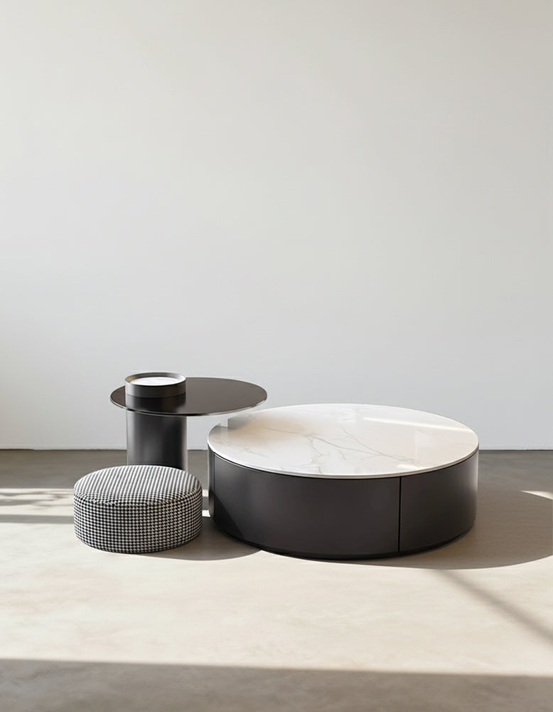 Modern round nesting coffee table set with sleek black frame and white marble top perfect for stylish living rooms