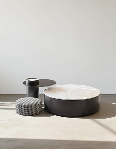 Modern round nesting coffee table set with sleek black frame and white marble top perfect for stylish living rooms