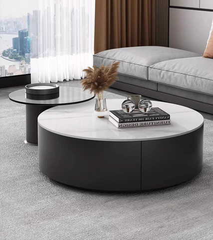 Modern round nesting coffee table set with sleek black base and white marble top perfect for stylish living rooms