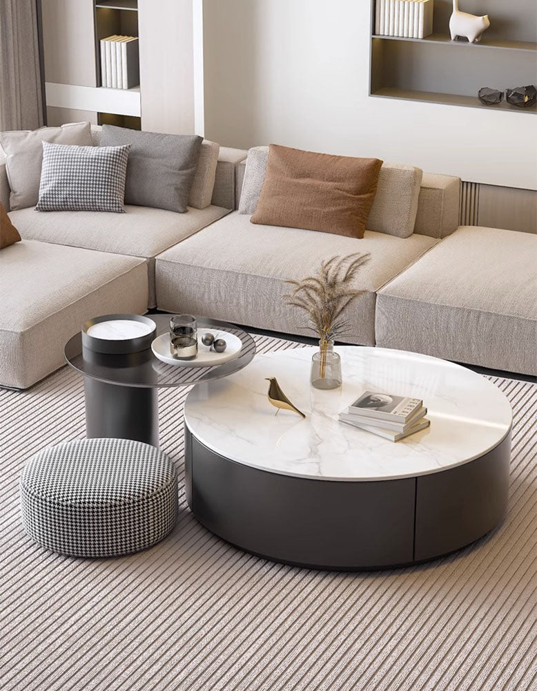 Modern round nesting coffee table with white marble top and dark gray base from mosaic set with ottoman