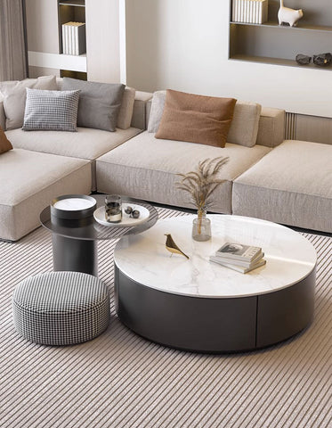 Modern round nesting coffee table with white marble top and dark gray base from mosaic set with ottoman