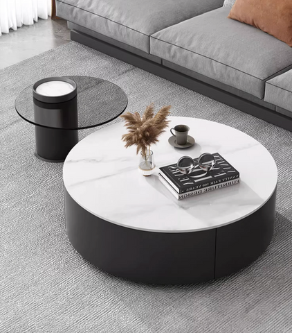 Modern round nesting coffee table with white marble top and black base from mosaic set with ottoman