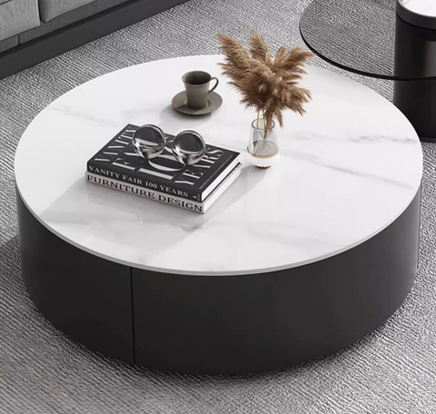 Modern round nesting coffee table with white marble top and sleek black base in mosaic set with ottoman
