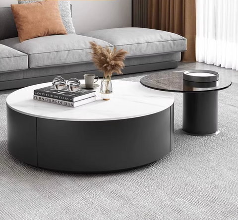 Modern round nesting coffee table set with white marble top and sleek black base includes ottoman for extra seating
