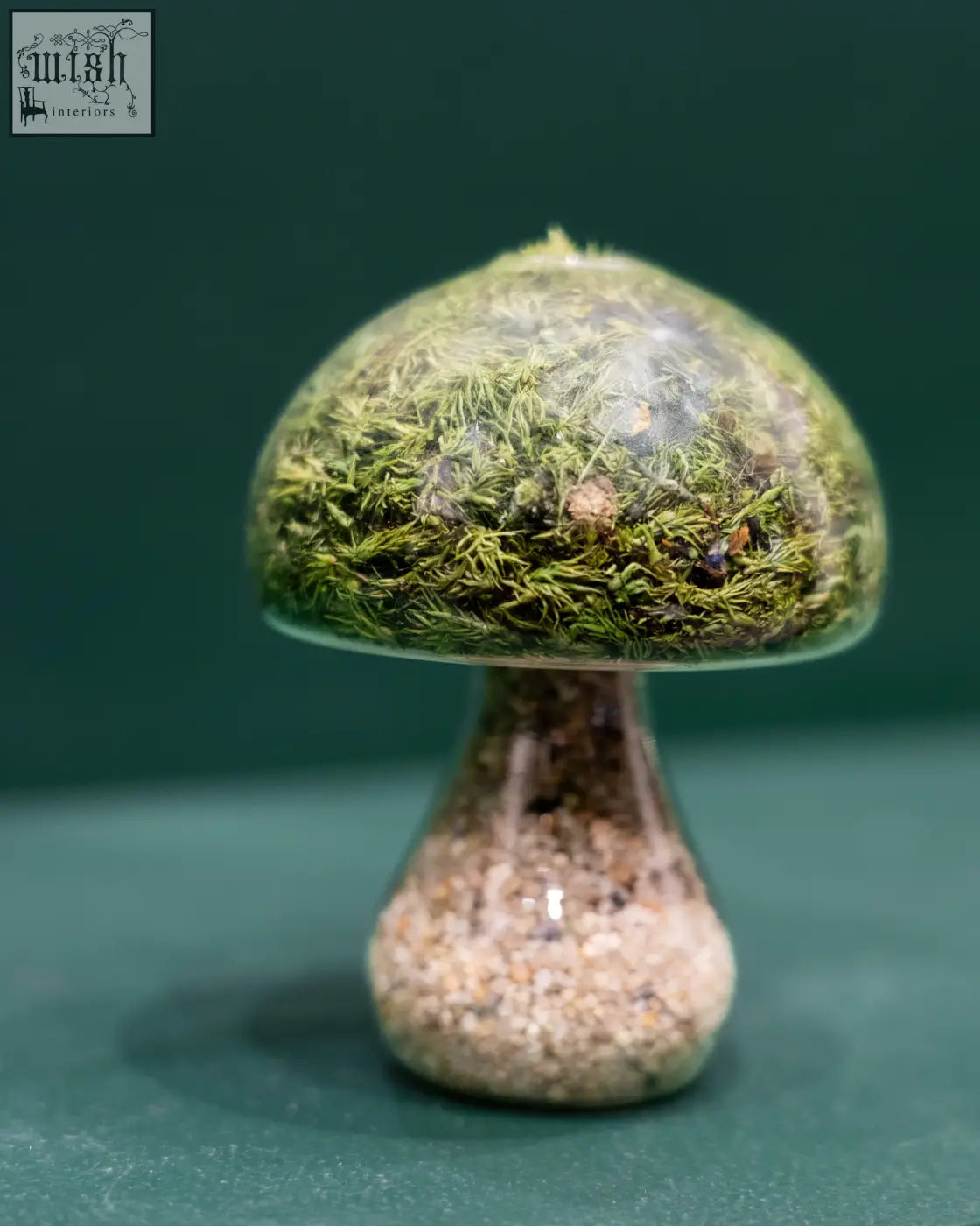 A transparent resin moss mushroom ornament with a lush green preserved moss cap and light stone sand base
