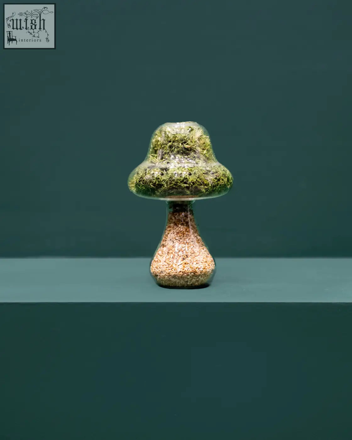 Moss mushroom tall natural stone ceramic decor with mossy green and speckled brown preserved moss finish