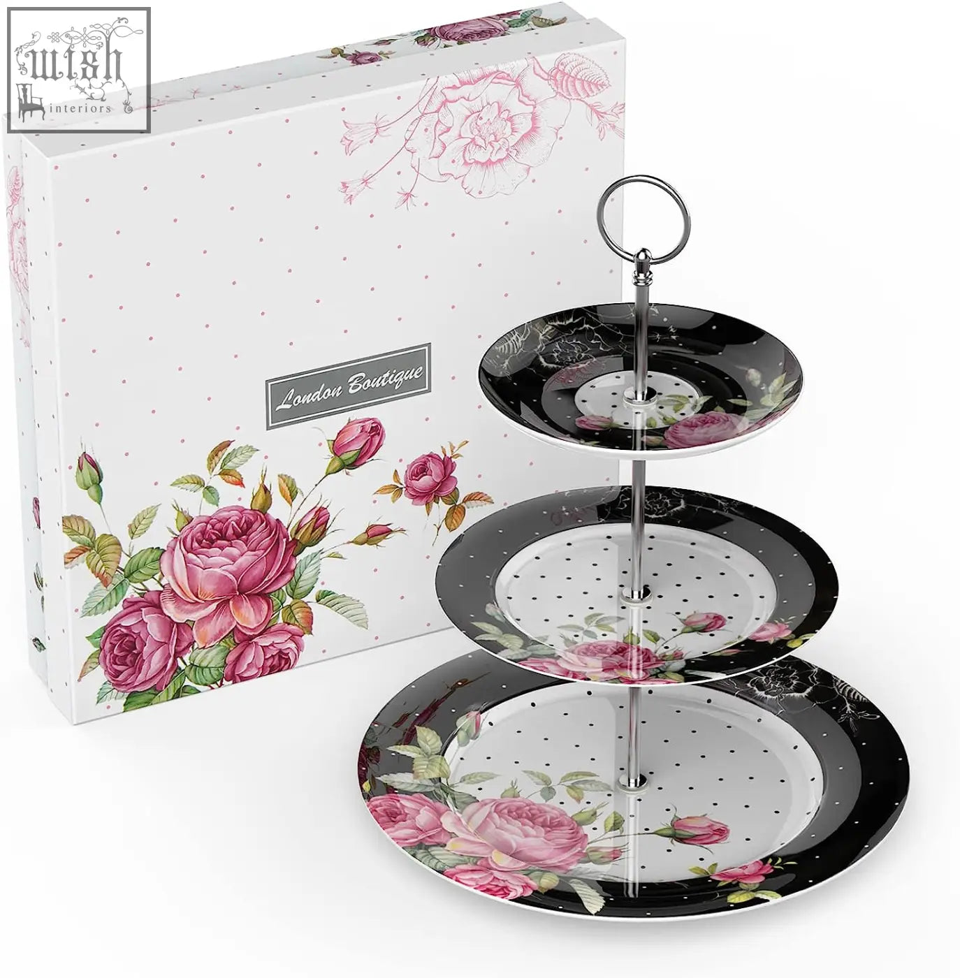 Three-tier cake stand with black and white polka dot ceramic plates and pink roses perfect for mothers day gift box