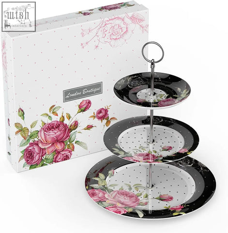 Three-tier cake stand with black and white polka dot ceramic plates and pink roses perfect for mothers day gift box