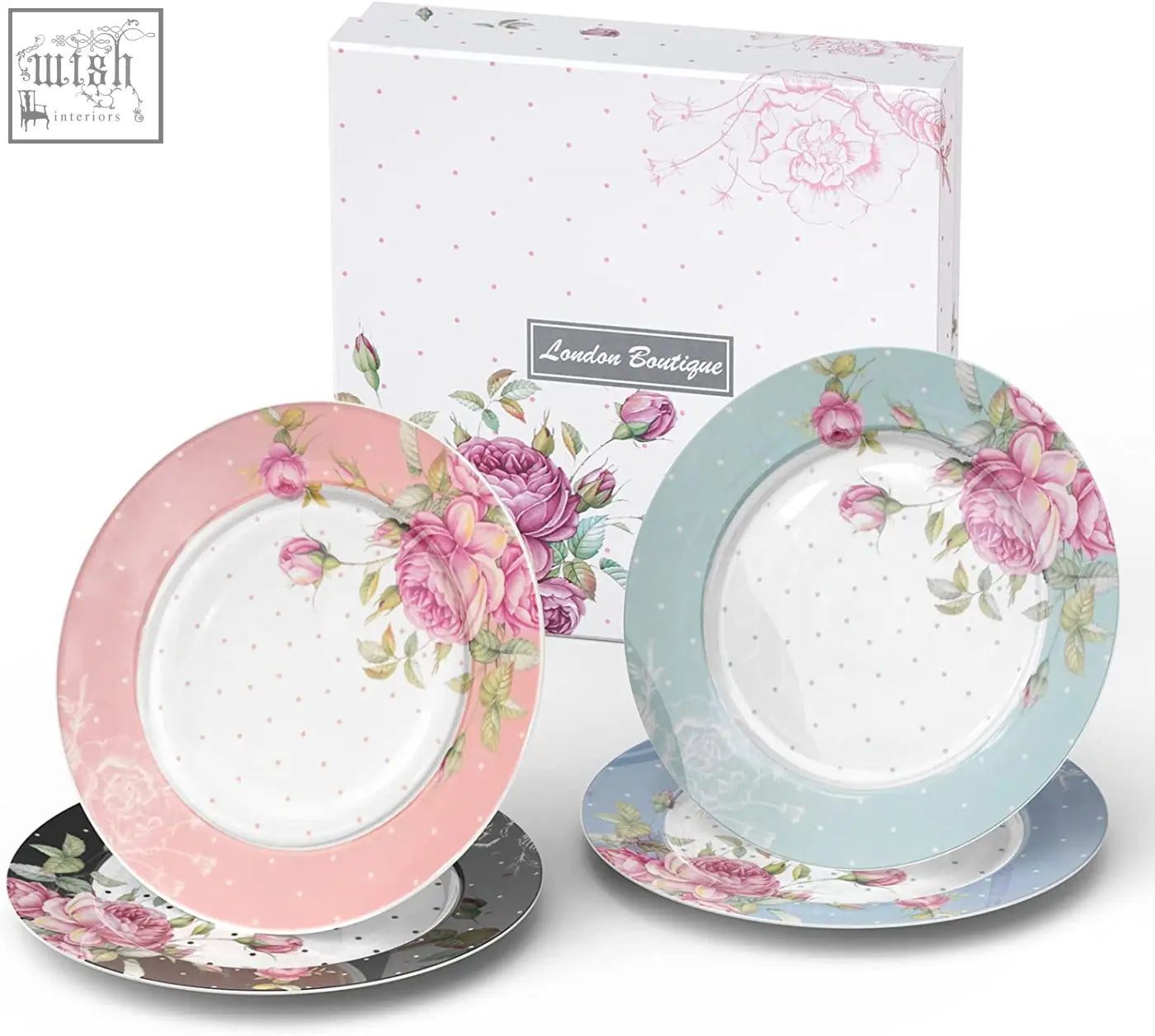 Set of three floral patterned dinner plates in pink teal and dark green for mothers day tier cake stand gift box