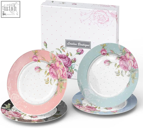 Set of three floral patterned dinner plates in pink teal and dark green for mothers day tier cake stand gift box