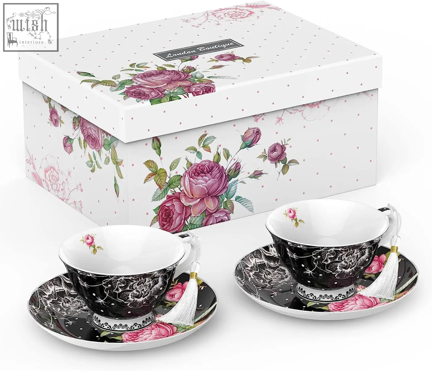 Elegant black and pink floral porcelain teacups with white tassels set with tier cake stand for mothers day gift box