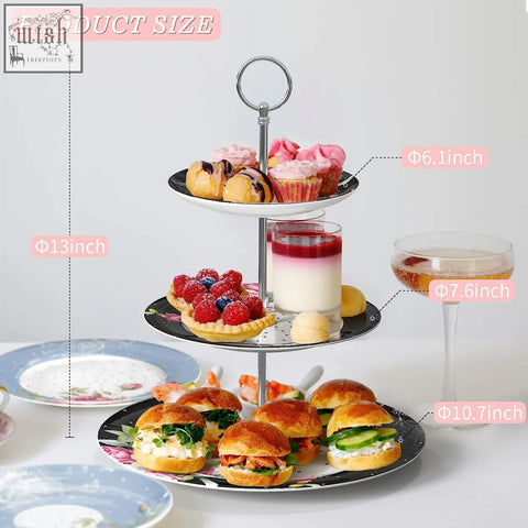 Silver three tier cake stand with black and white patterned plates perfect for mothers day coronation gift box set