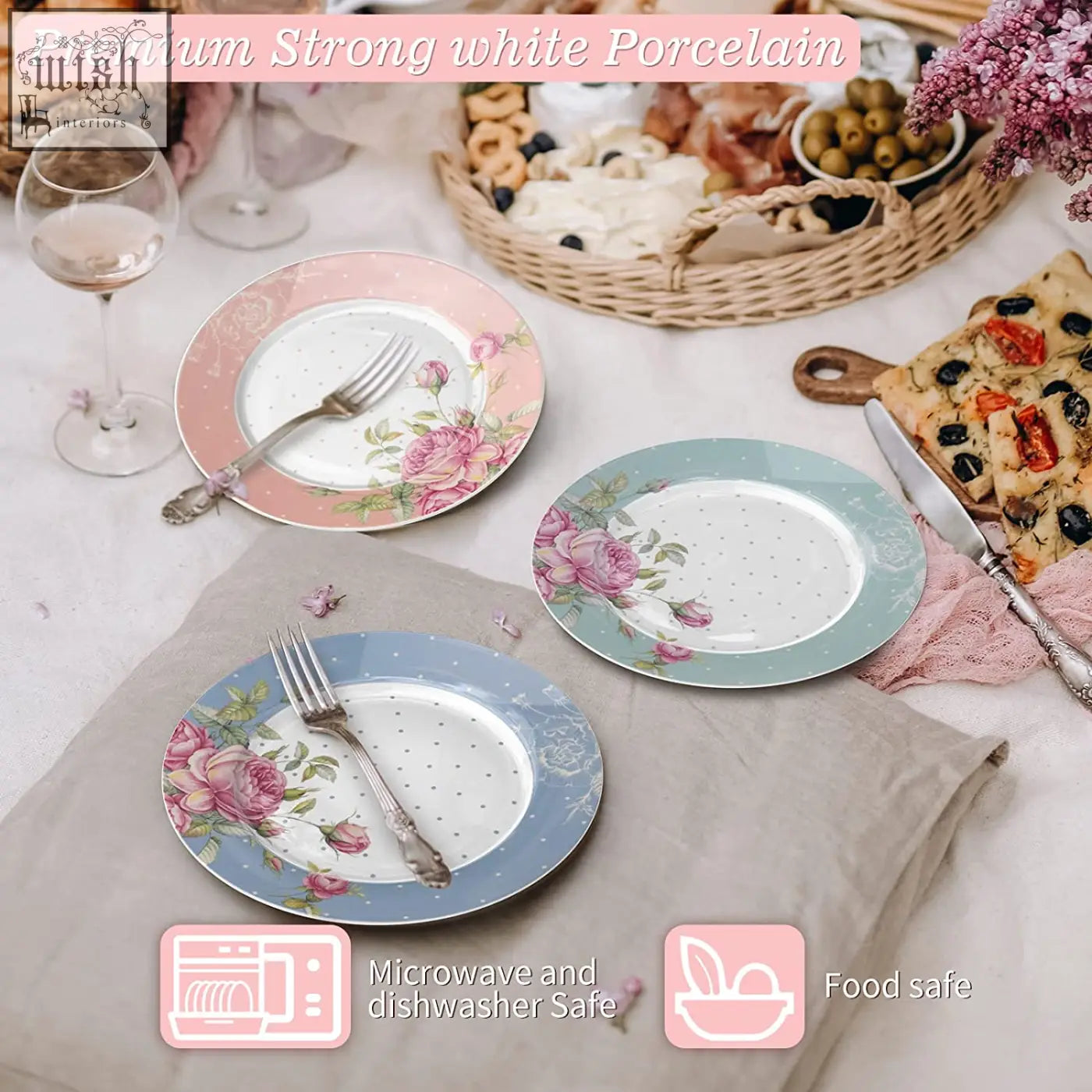 Set of three elegant porcelain plates with pink rose design on pastel rim for mothers day tier cake stand set