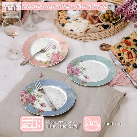 Set of three elegant porcelain plates with pink rose design on pastel rim for mothers day tier cake stand set