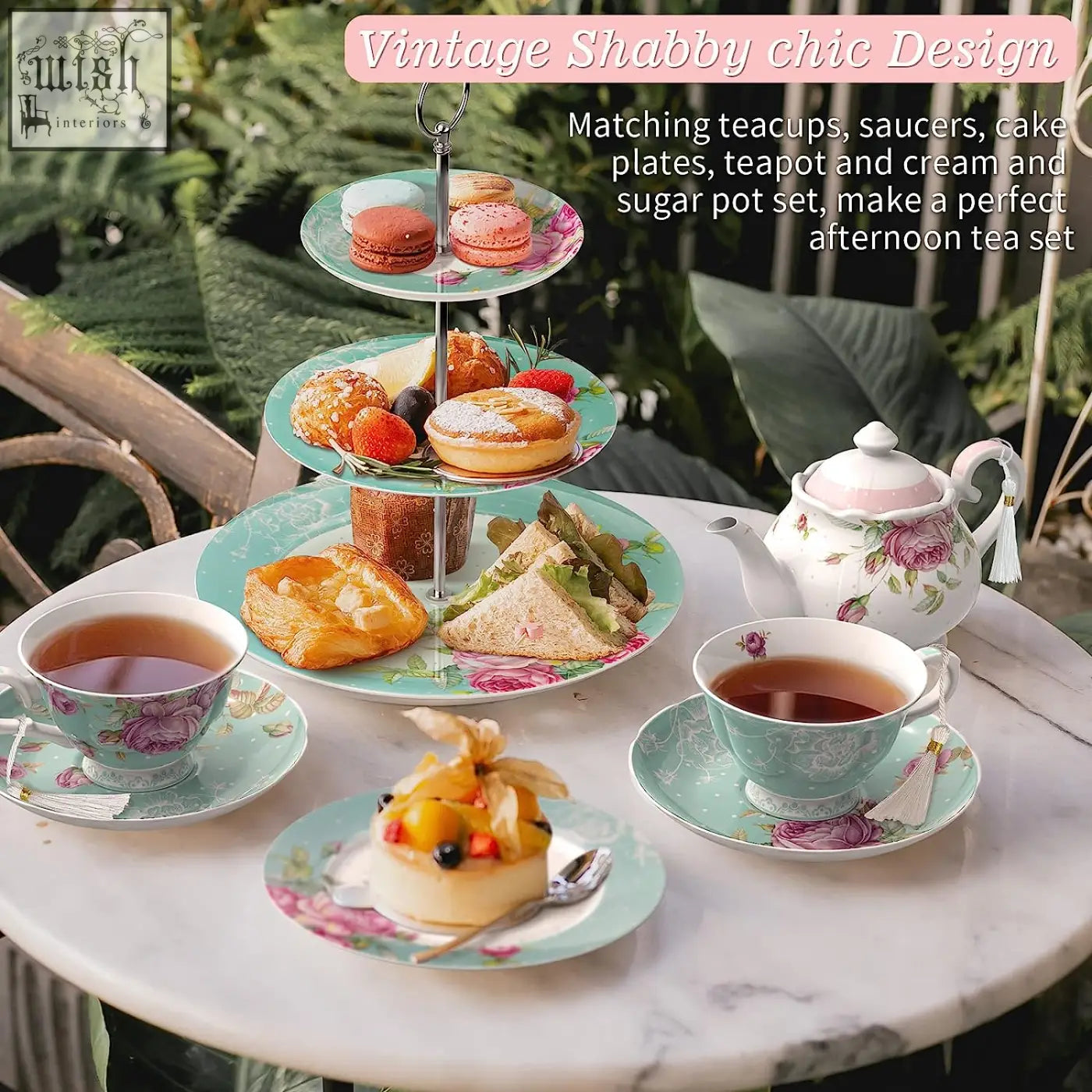 Vintage shabby chic porcelain tier cake stand set with pink floral patterns and turquoise plates cups and saucers