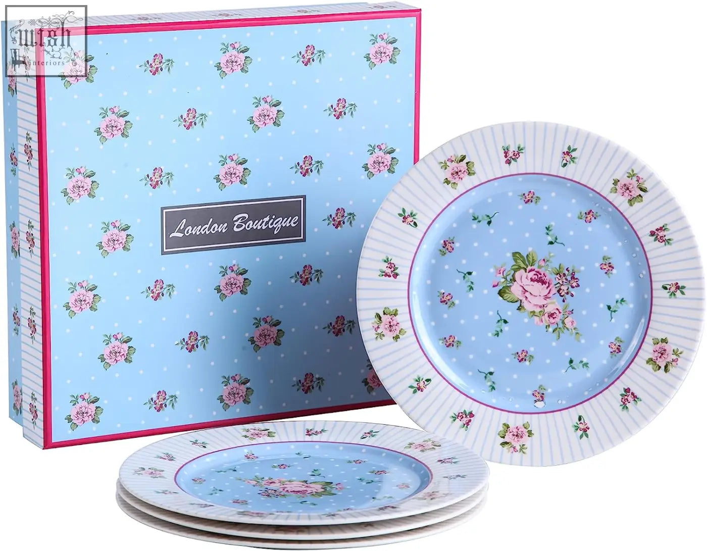 A set of blue ceramic plates with pink floral patterns in a london boutique gift box for mothers day cake stand sets