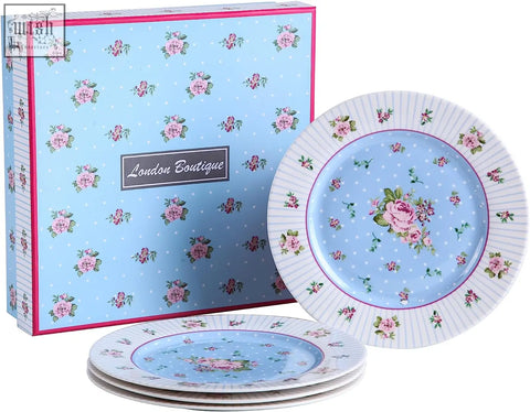 A set of blue ceramic plates with pink floral patterns in a london boutique gift box for mothers day cake stand sets