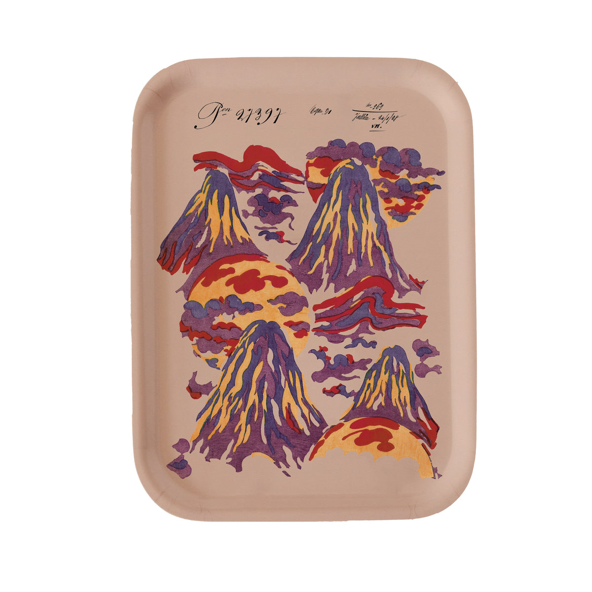 Beige wooden rectangular tray called mount lucio featuring a vibrant purple red and yellow stylized mountain design