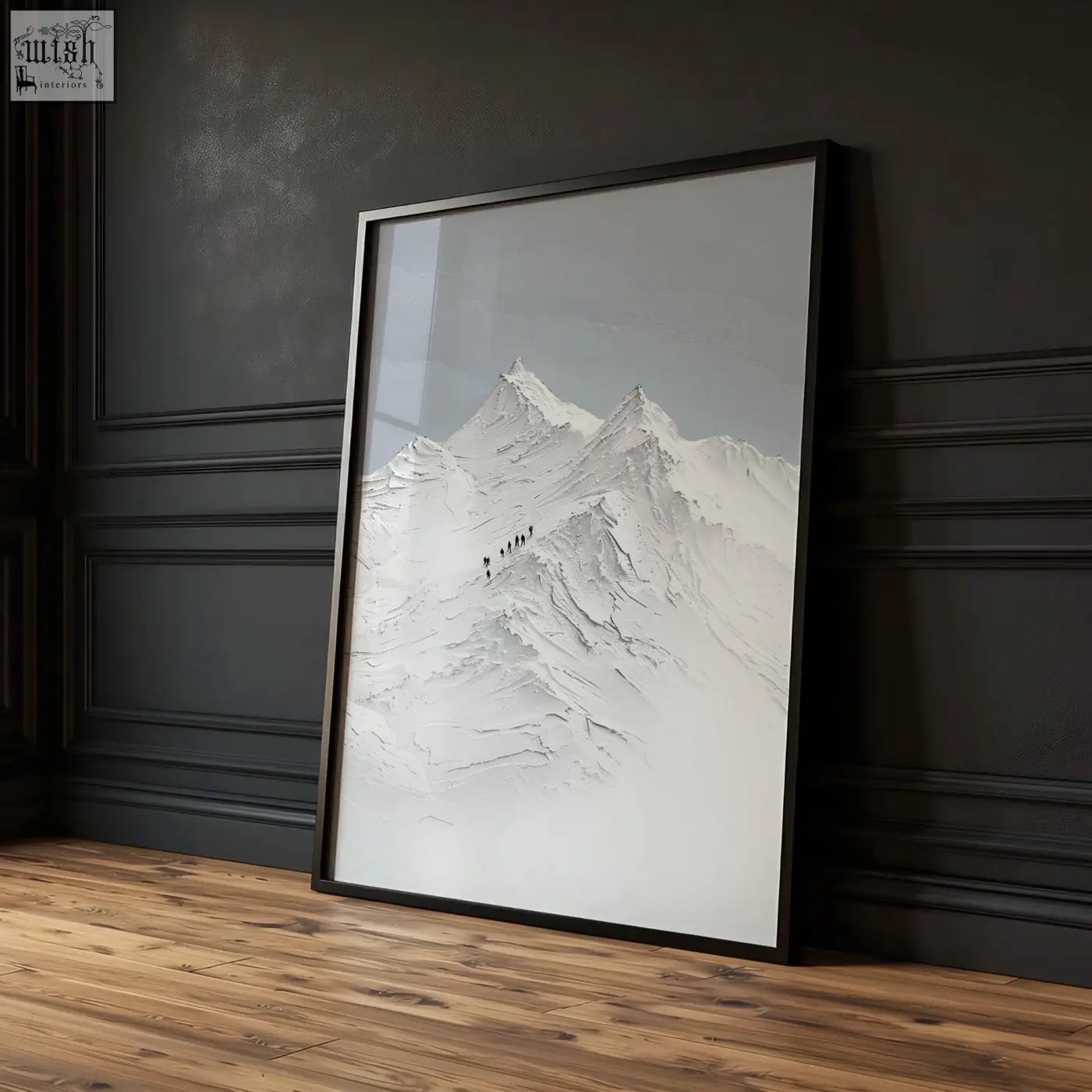 Black-framed mountain painting set of 3 with textured snowy peaks and tiny figures perfect for dining room wall art