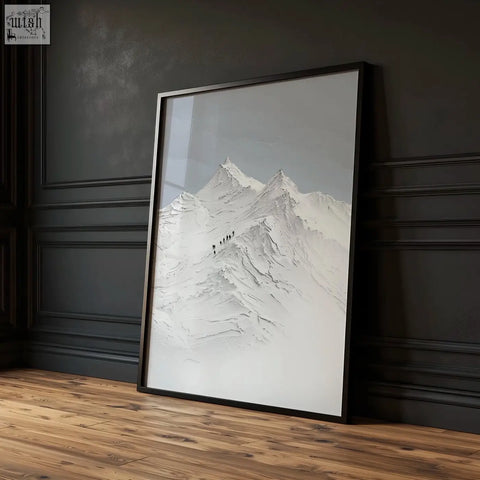Black-framed mountain painting set of 3 with textured snowy peaks and tiny figures perfect for dining room wall art
