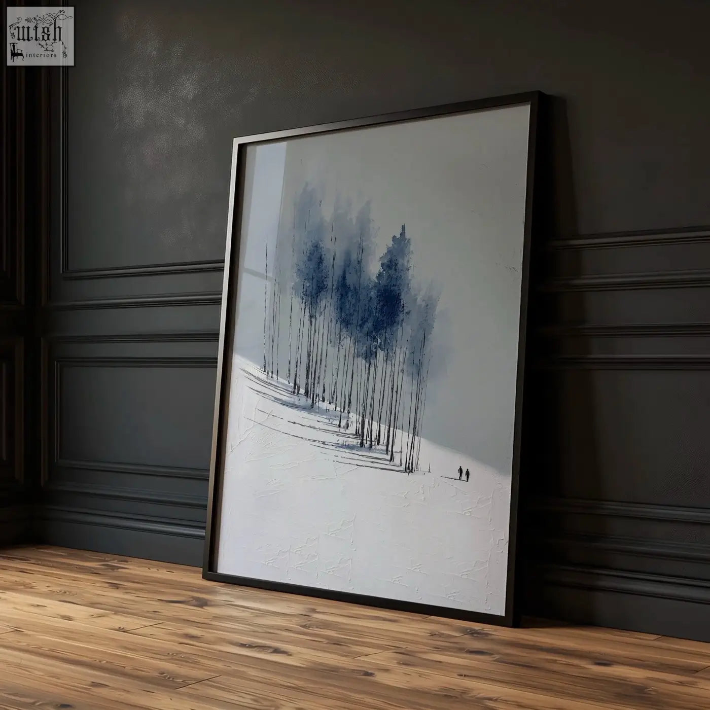 Minimalist mountain painting set of three prints featuring blue trees and snowy forest perfect for dining room wall art