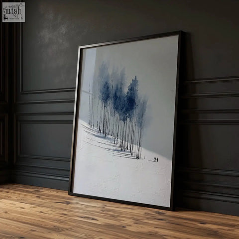 Minimalist mountain painting set of three prints featuring blue trees and snowy forest perfect for dining room wall art