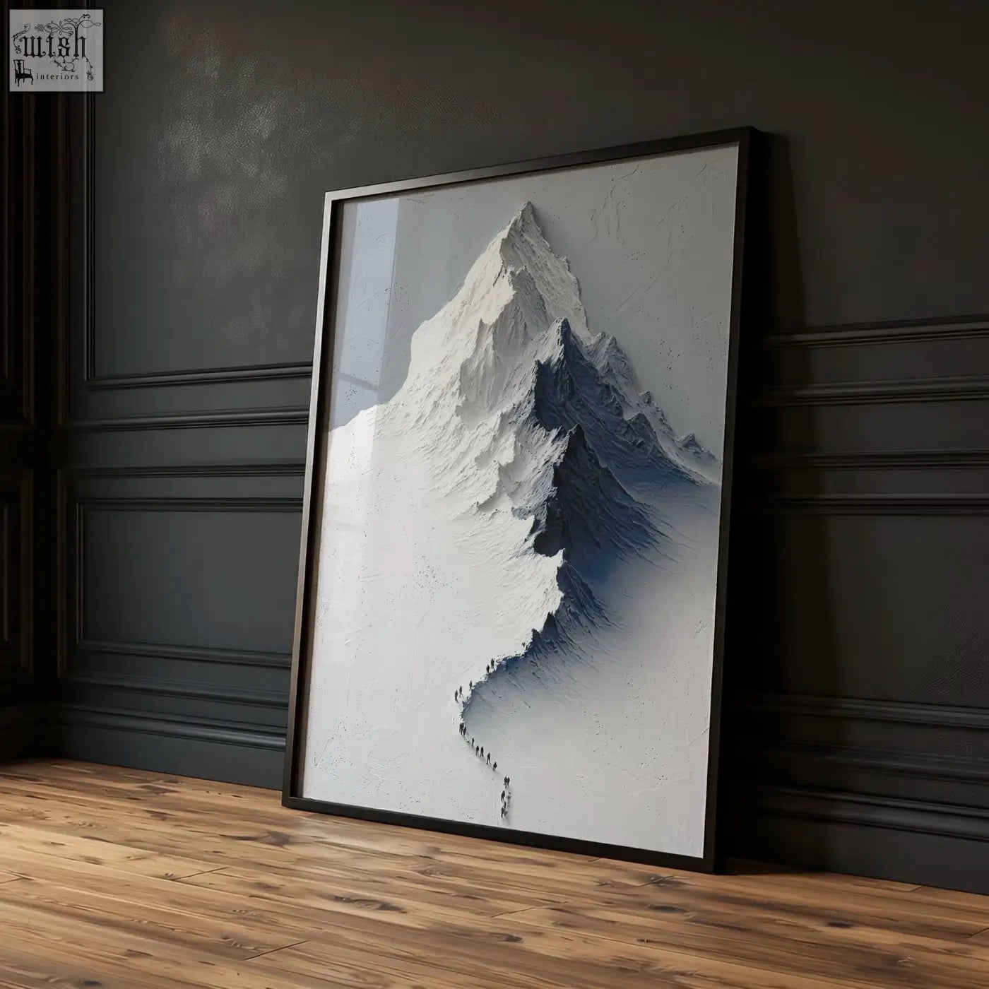 Black-framed mountain painting with snowy nordic peaks and tiny figures perfect for dining room in set of three prints