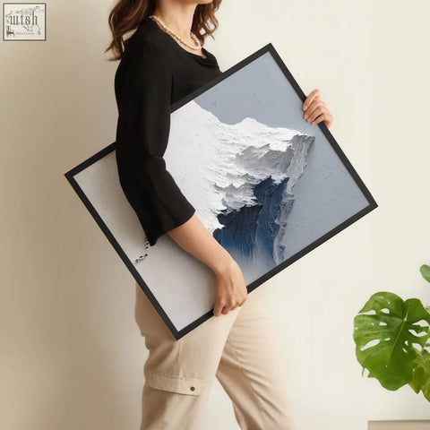Black-framed mountain painting with textured white and blue paint on gray background set of three prints for dining room