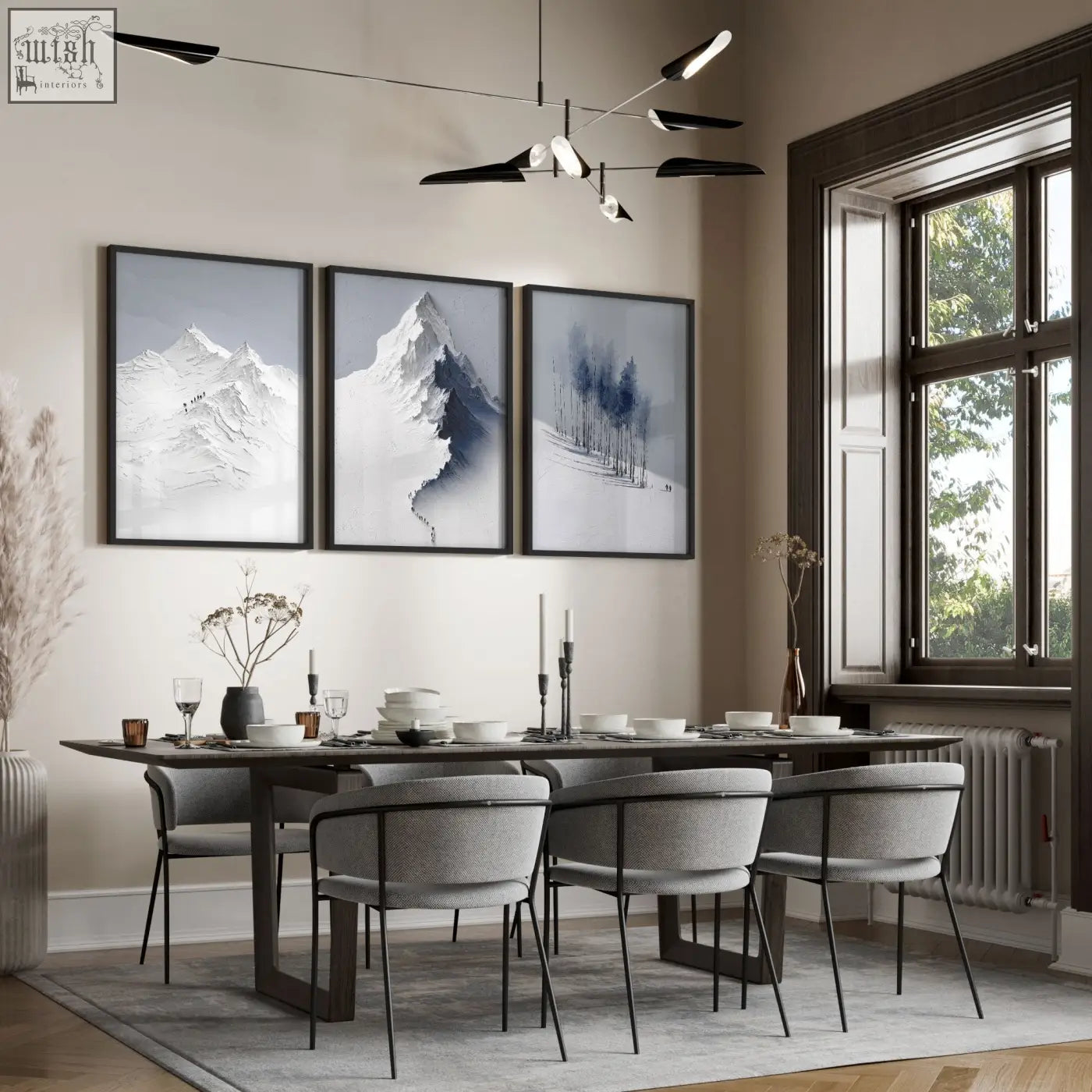 Modern dining room with dark wood table and gray chairs featuring mountain painting three prints wall art set