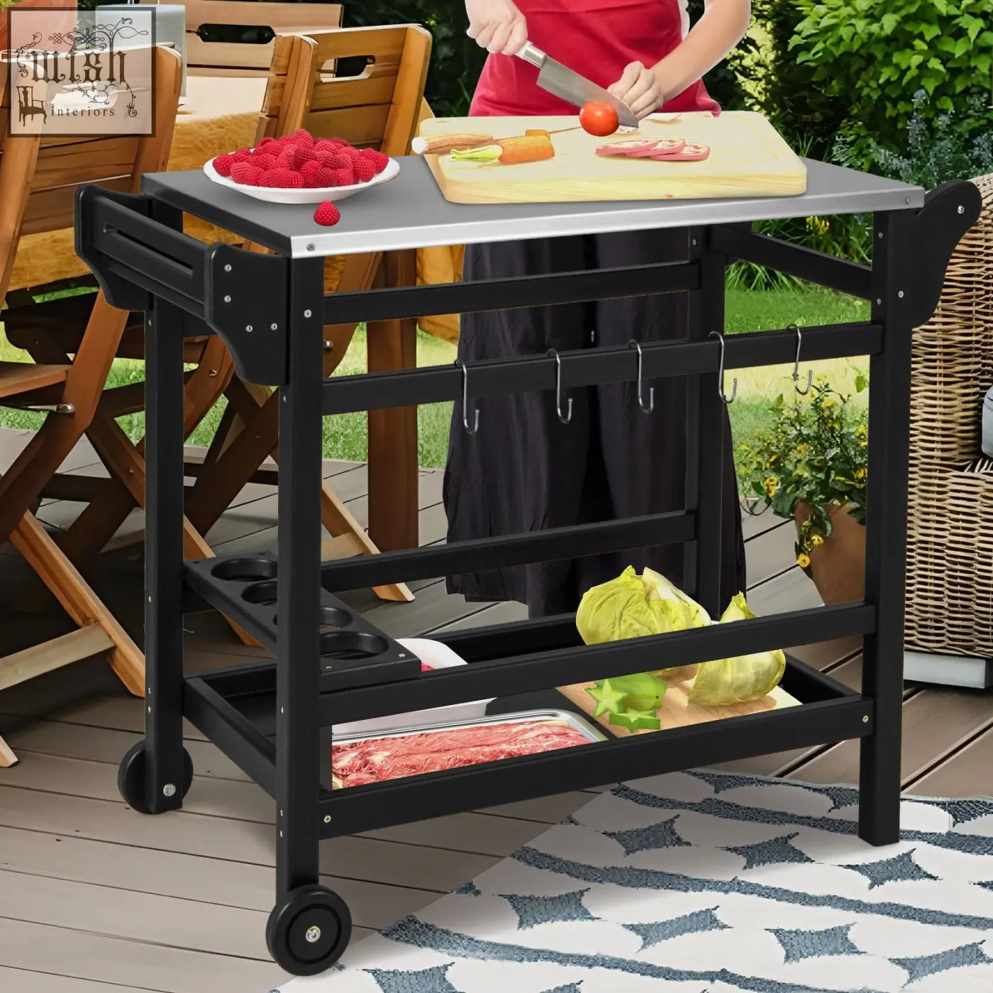 Black metal dining cart table with silver stainless steel top hooks and storage shelves for outdoor use