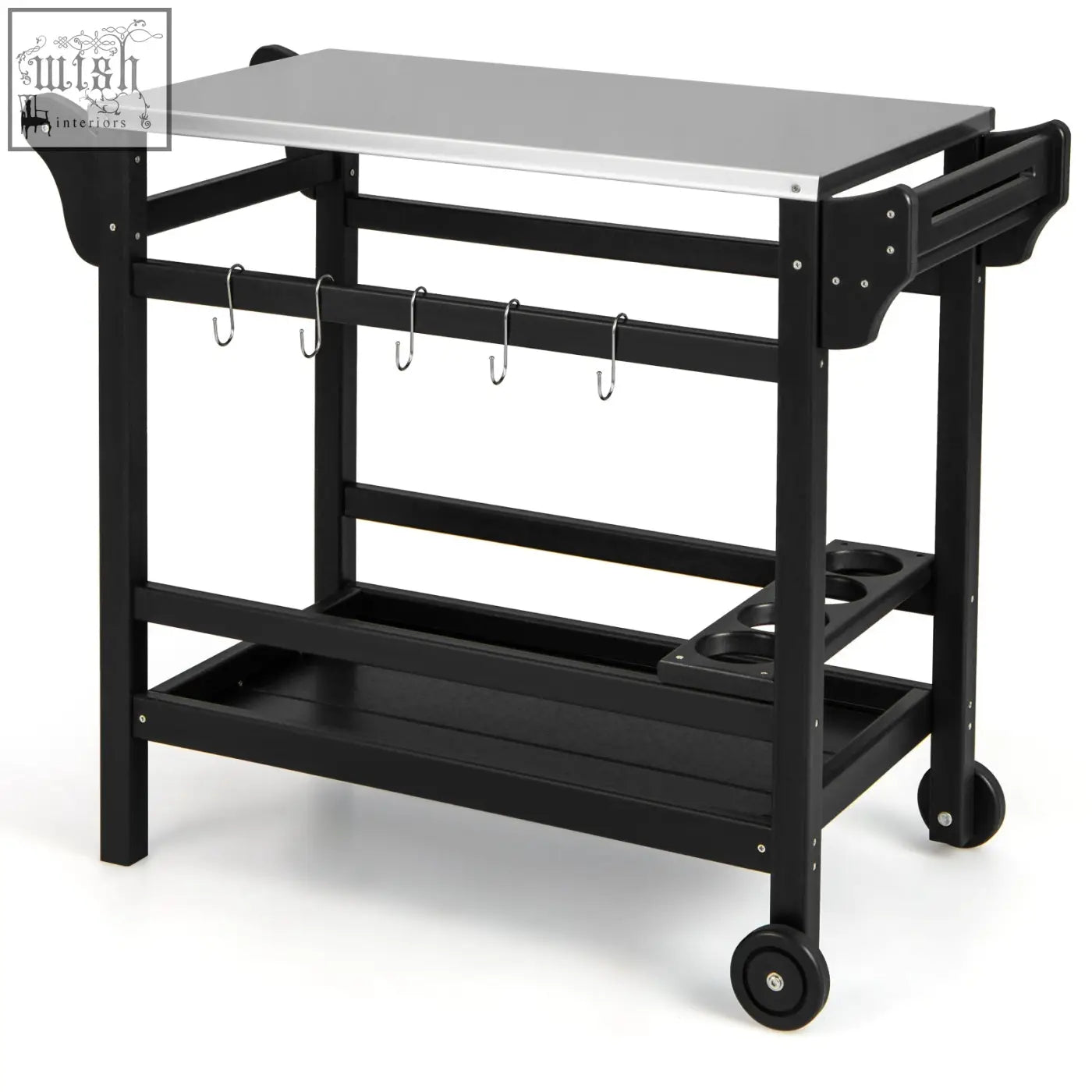 Black metal dining cart table with silver stainless steel top hooks and cup holders for outdoor use