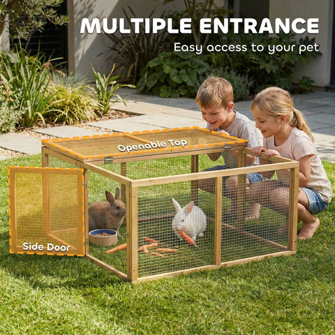 PawHut Wooden Folding Rabbit Hutch, for 2-3 Rabbits - Natural Wood