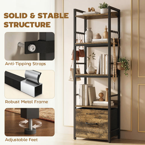 HOMCOM 4-Tier Bookshelf, Narrow Bookcase with Drawer, 8 Hooks, Metal Frame, Rustic Brown