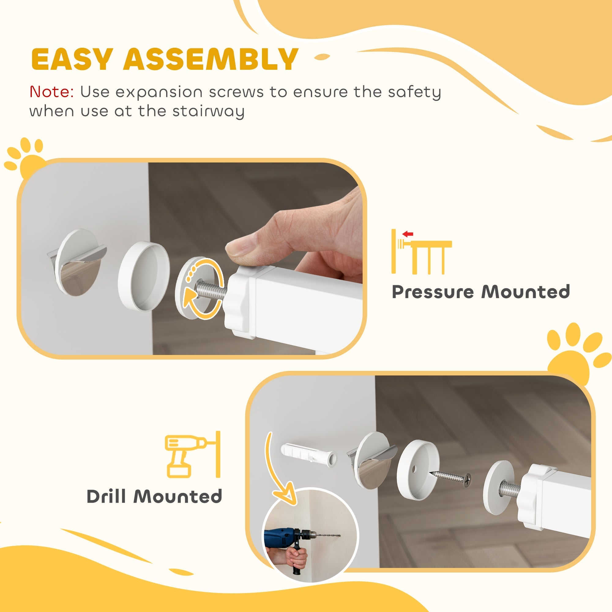 PawHut Baby Gate, Pet Safety Gate Pressure Fit, 76-82cm Wide with Two-Way Open, One-Hand Opening