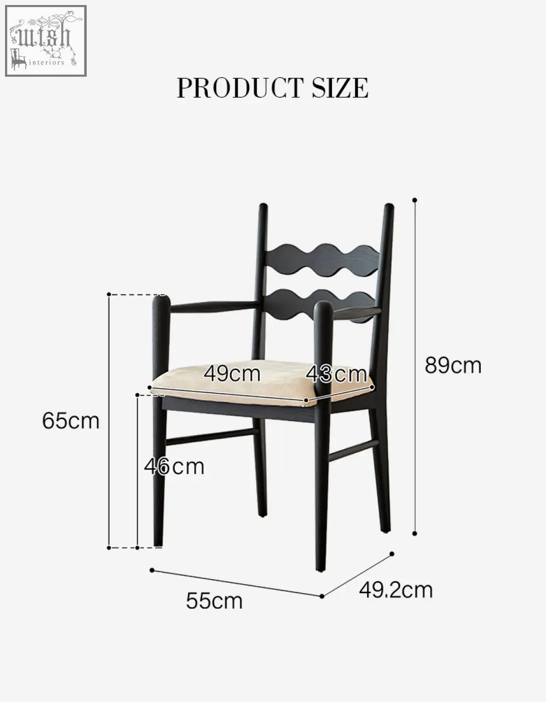 Black wooden mucha dining chair with wavy backrest and beige cushioned seat perfect for dining areas