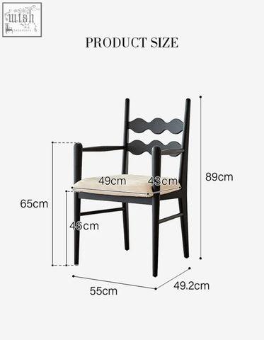 Black wooden mucha dining chair with wavy backrest and beige cushioned seat perfect for dining areas