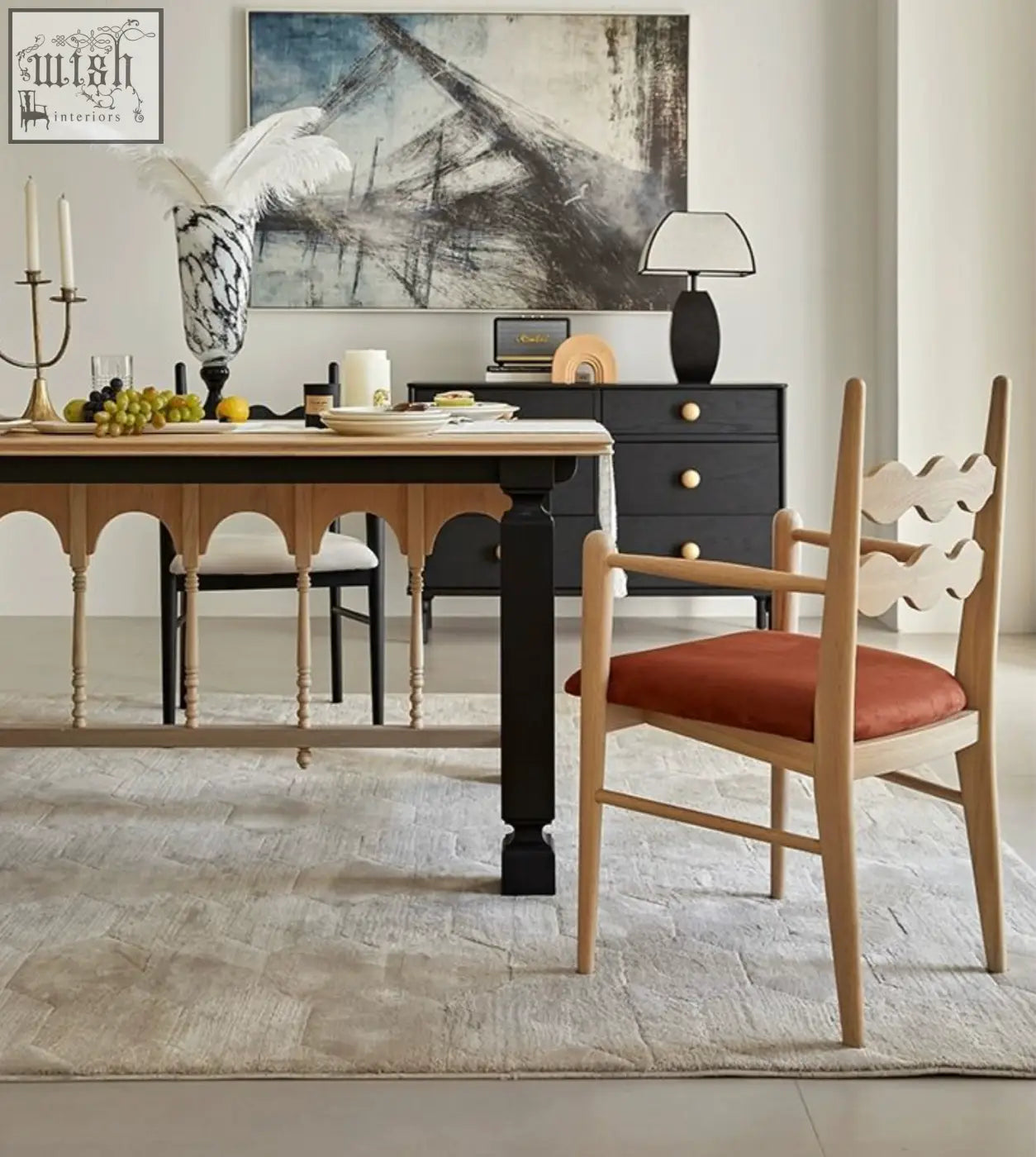 Wooden mucha dining chair with scalloped backrest and orange upholstered seat perfect for dining room use