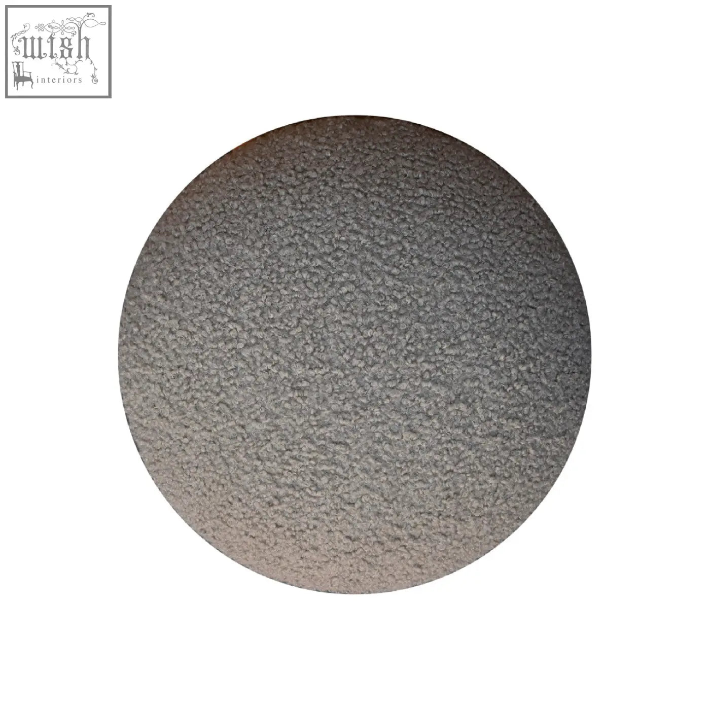 Gray textured circular mushroom footstool with granular mud boucle fabric surface for cozy seating
