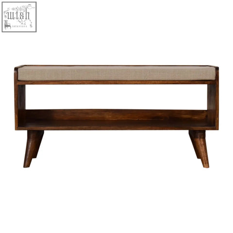 Mid-century modern mud linen nordic storage bench with beige linen seat chestnut wood and open shelf below