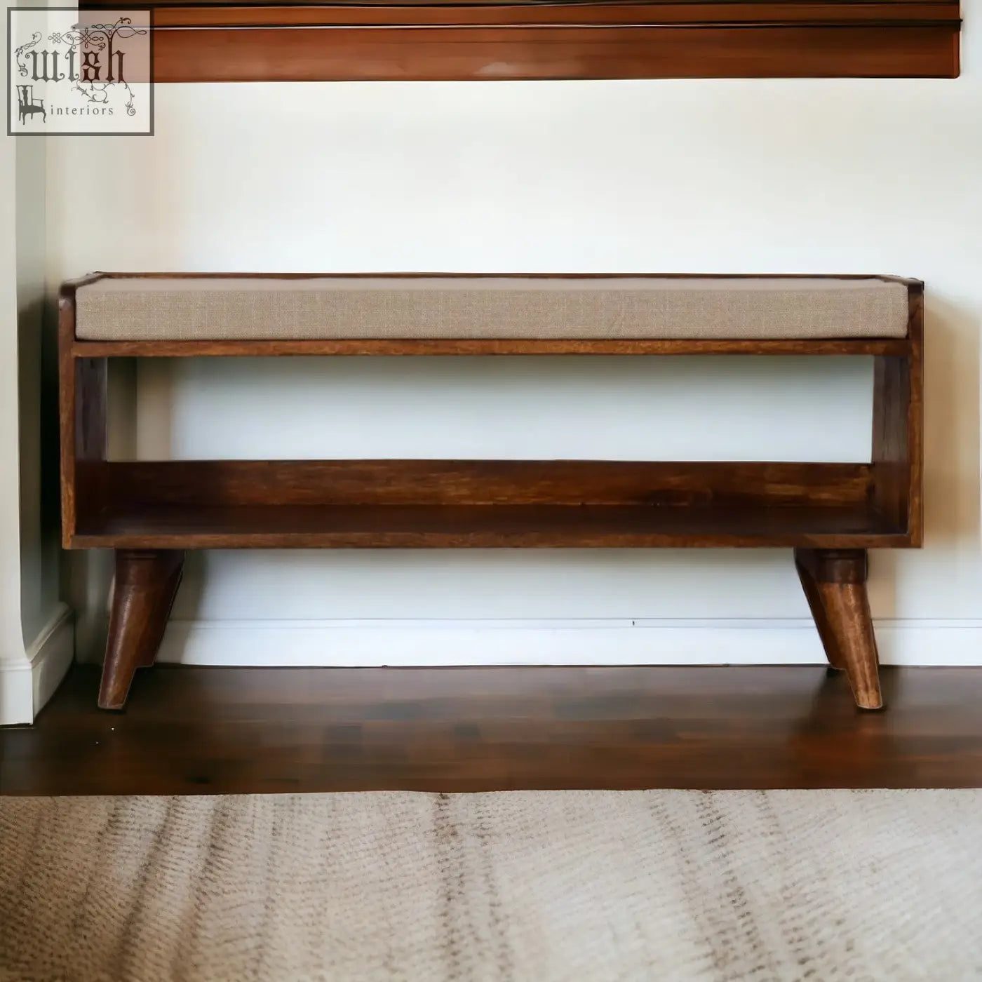 Mud linen nordic storage bench with chestnut wood, beige linen seat, angled legs, and hidden storage feature