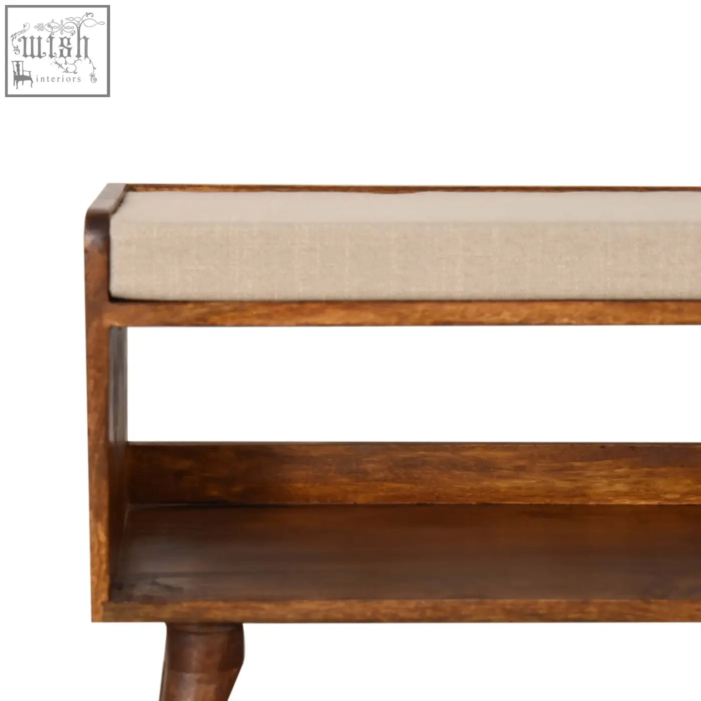 A mid-century modern mud linen nordic storage bench with beige linen cushion and chestnut open shelf below