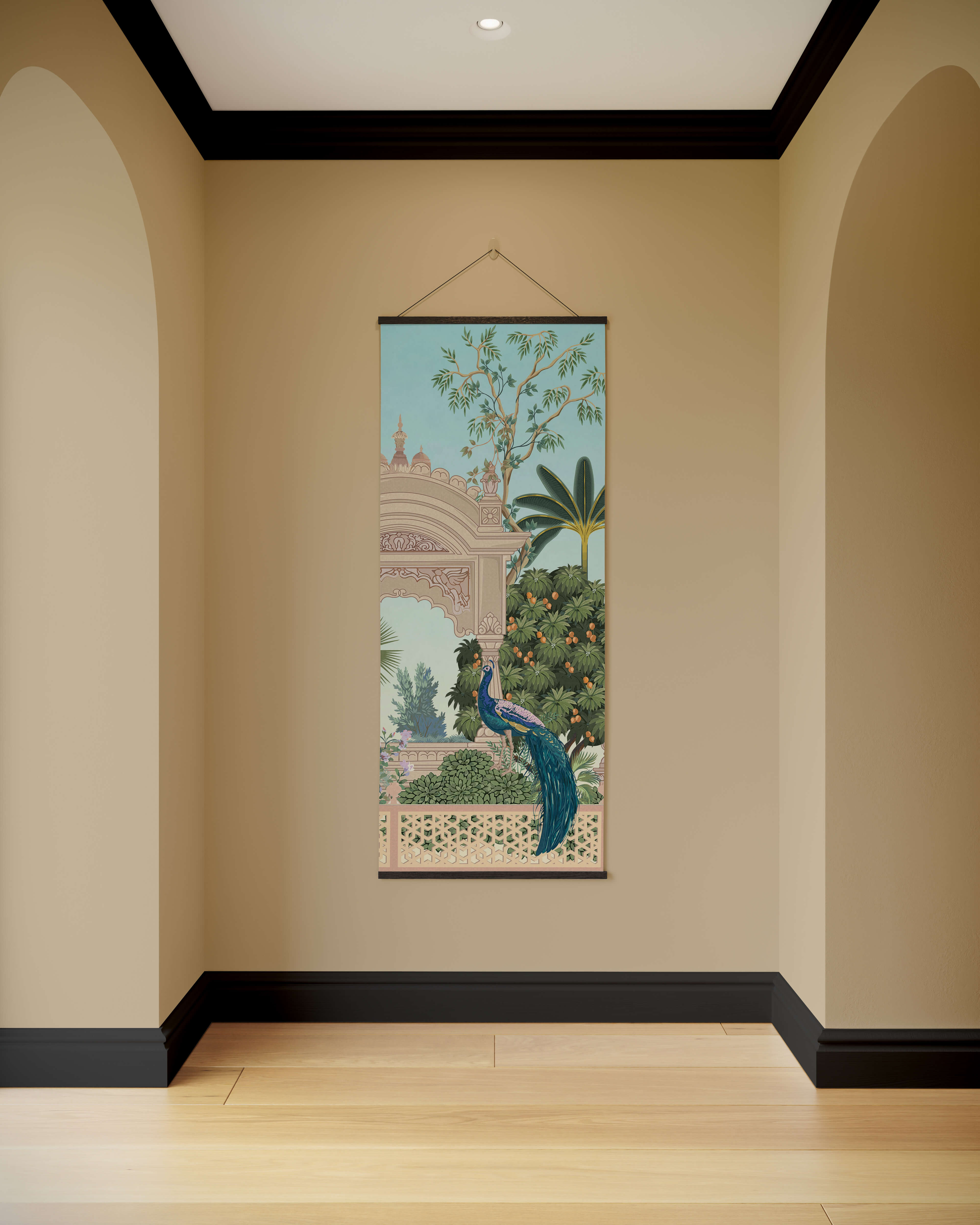 A mughal garden tapestry featuring a vibrant blue peacock framed by lush greenery and an ornate archway