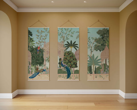 Three vertical pastel mughal garden tapestry with intricate botanical and peacock motifs and lace-like borders