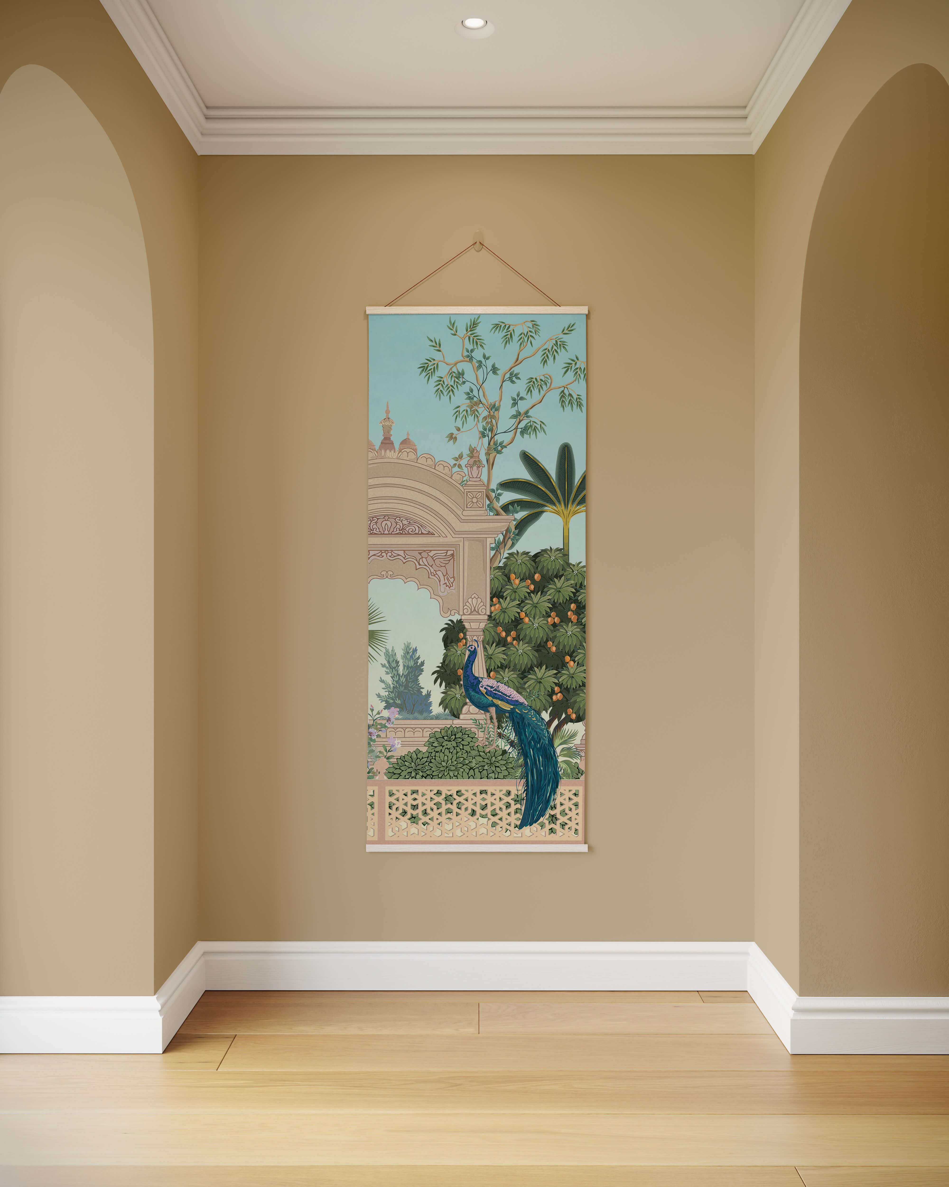 A mughal garden tapestry featuring a vibrant blue peacock amid lush greenery and pastel ornate archway detailing