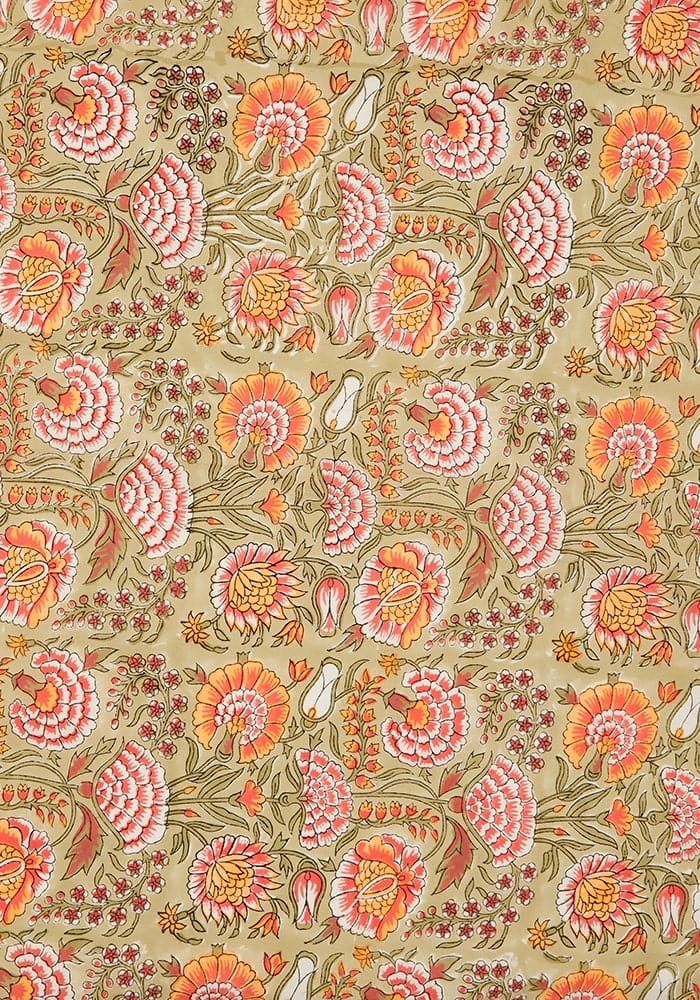 Beige mughal rajan floral tablecloth with intricate pink orange and green floral patterns for dining decor